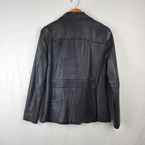Vintage Wilsons Leather Black Button Up Button Up Jacket Inner Zip Pocket Medium - Picture 4 of 15